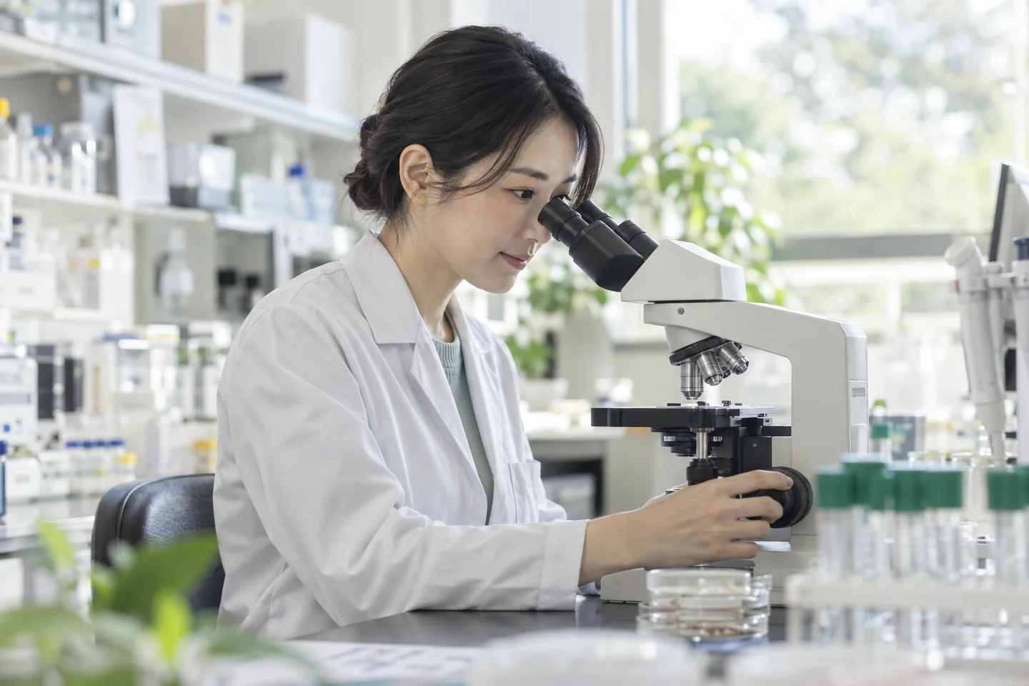밝은 공간에서 현미경을 관찰하는 연구자의 콘셉트 이미지